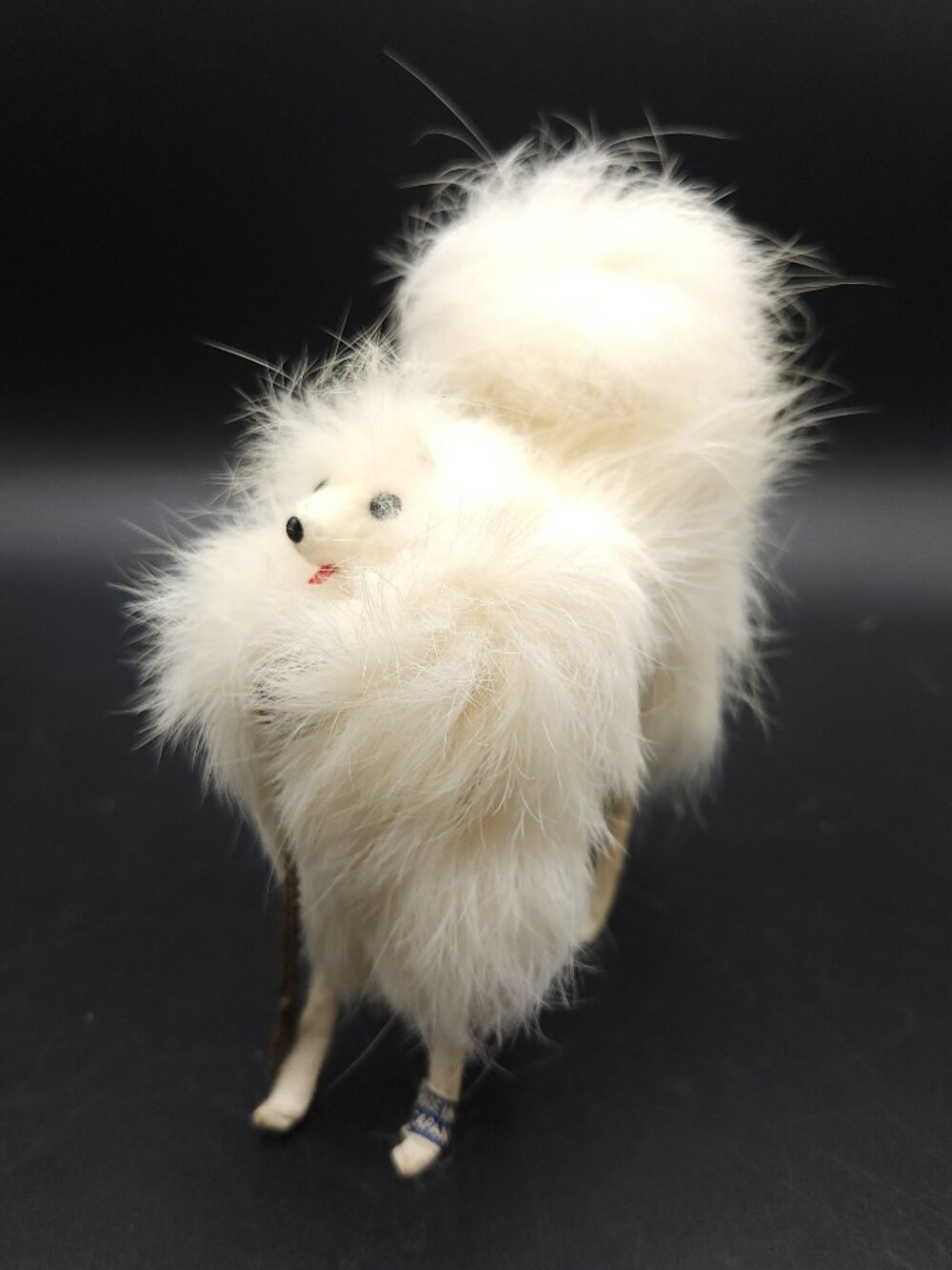 Vintage Japan Made Real Rabbit Fur Dog with Leash Figurine White 6" Tall.